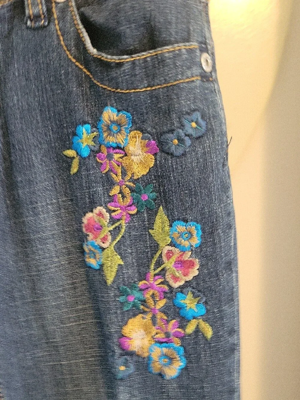 Baccini Sz4T Dark Blue Straight-Leg Jeans Floral Embroidery With Cat embroidery